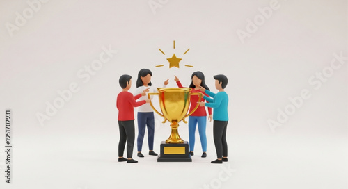 Team Celebrating Around a Golden Trophy Victory.