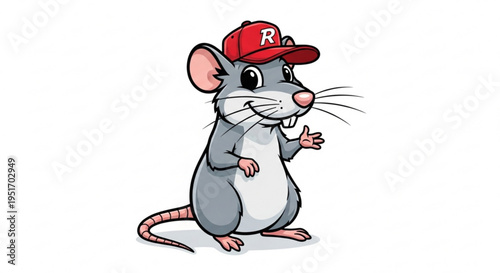 Cartoon mouse wearing red baseball cap standing on hind legs with raised paw