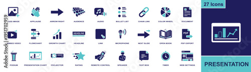 Presentation icon set. Containing audience, audio, embed video, flowchart, headline, microphone, next slide, podium, projector and more. Solid fill vector icons collection for slide design.