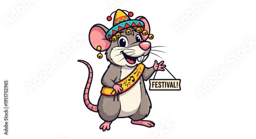 Colorful cartoon mouse in festive hat and sash holding festival sign cheerfully