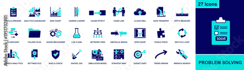 Problem solving icon set. Containing analytics, career ladder, cause effect, flowchart, puzzle piece, strategy map, target dart, wrench search and more. Solid fill vector icons collection.
