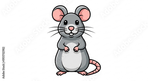 Cute cartoon mouse standing on hind legs with big ears and pink nose on white background