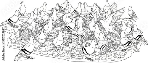 Numerous pigeons are gathered on a textured, rocky surface, with some in flight