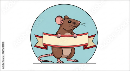 Brown mouse holding blank banner on blue background standing on hind legs with red and beige ribbon