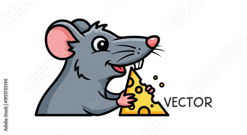 A cartoon gray mouse happily holds and eats a yellow cheese wedge with black spots on a white background