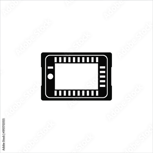 Black and white of a tablet device with screen and buttons