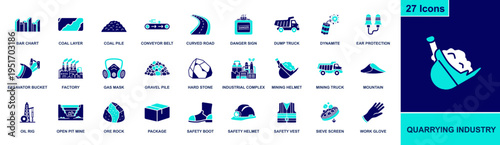 Quarrying industry icon set. Containing excavator, dump truck, open pit mine, ore rock, conveyor belt, safety helmet, gas mask, dynamite and more. Solid fill vector icons collection.