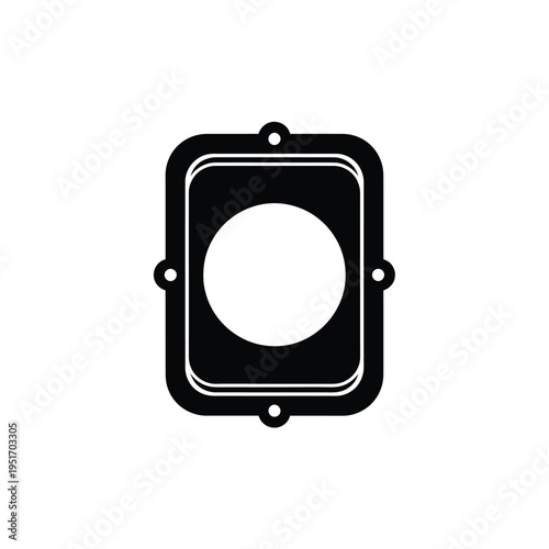 Black and white square with circular cutout and four attachment points