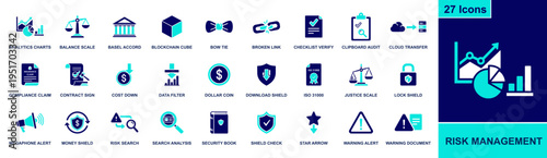 Risk management icon set. Containing analytics, Basel accord, checklist verify, audit, compliance, warning, shield, search, money protection and more. Solid fill vector icons collection.