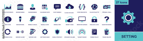 Settings icon set. Containing analytics, cloud upload, code brackets, firewall, mobile lock, server link, settings gear, shield protect, terms policy and more. Solid fill icon collection.