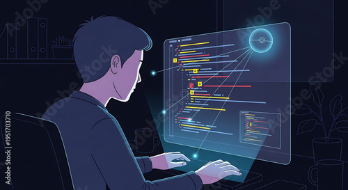 Illustration of a programmer working on a computer with lines of code on the screen and augmented reality interface, depicting digital technology and software development