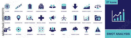 SWOT analysis icon set. Containing checklist, conflict, market research, profit growth, opportunity, warning, team, strength and more. Solid fill vector icons collection for strategy use.