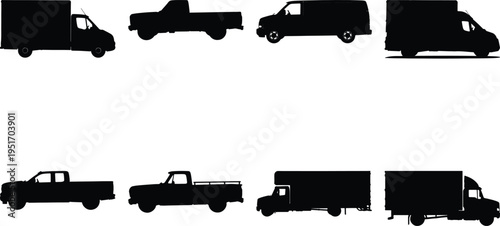 Assortment of black vehicle silhouettes: trucks, vans, and pickups in a clean vector graphic