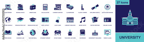 University icon set. Containing classroom, diploma, graduation cap, textbook, science lab, student group, study desk, career center and more. Solid fill vector icons for education.