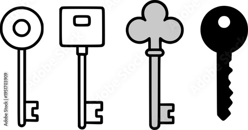 Old key illustration icon set, in outline, silhouette and colored styles, for vintage designs