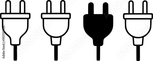 Power plug adapter illustration icon set, in outline, silhouette and colored styles, for technology design