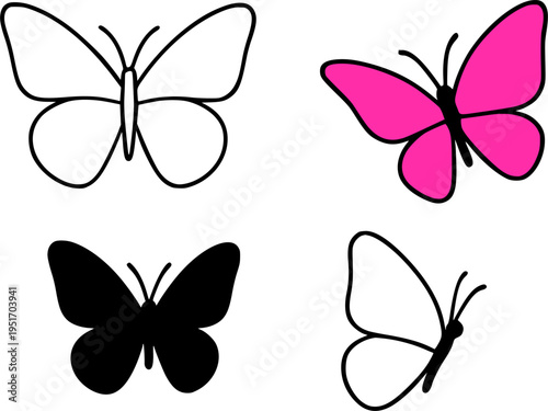 Butterfly illustration icon set, in outline, silhouette and colored styles, for animal or nature designs