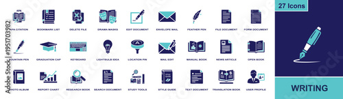 Writing icon set. Containing APA citation, fountain pen, edit document, mail, style guide, research book, report chart, translation book and more. Solid fill vector icons collection.
