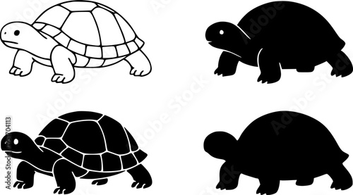 Tortoise illustration icon set, in outline and silhouette, for animal or nature designs