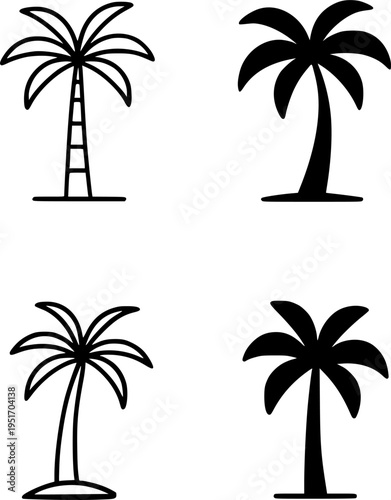 Palm tree illustration icon set, in outline and silhouette, for plant or nature design