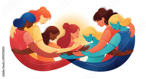 Diverse group of women embracing in a circle of unity and support.