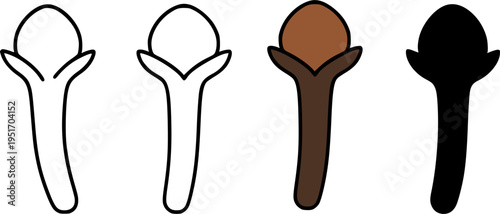 Clove illustration icon set, in outline, silhouette and colored, for spice or nature designs