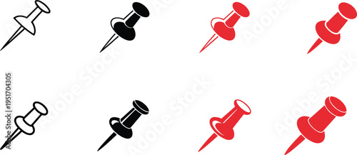 Collection of red and black push pins in outline and solid fill styles thumbtack