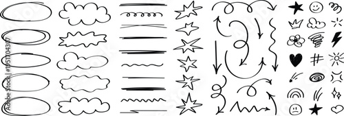 Big set of hand drawn doodle elements with arrows, stars, hearts, scribbles and underline lines. Sketch symbols and decorative shapes for creative design