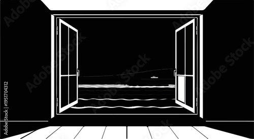 Open doors reveal a dark seascape with a distant boat and rolling waves