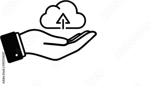 Open palm supports cloud with upward arrow, representing cloud upload