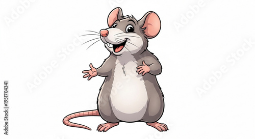 A cheerful cartoon mouse stands with hands outstretched on white background looking friendly and approachable