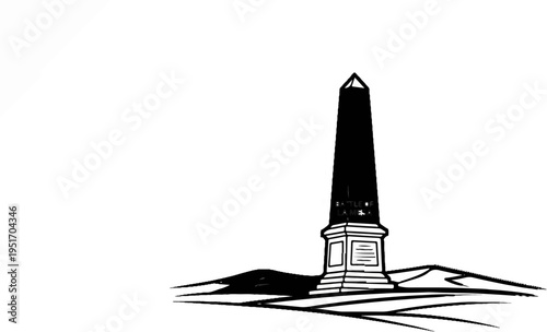 Monochromatic obelisk monument against a stark white background with abstract ground elements