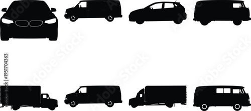 Collection of diverse vehicle silhouettes including cars, vans, and trucks on a white background.