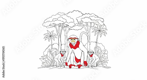 Monkeys in the jungle with trees and foliage, coloring book style