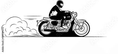 Monochrome line art of a rider on a motorcycle creating smoke trail