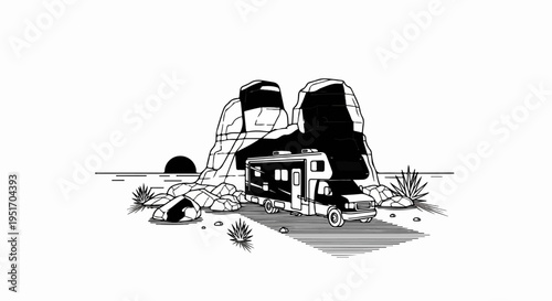 Motorhome parked near rocky cliffs at sunset in a desert landscape