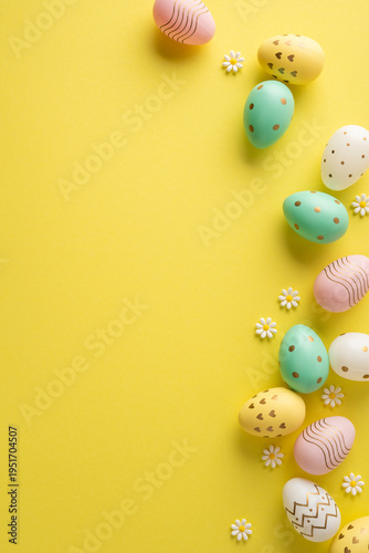 Happy Easter vertical composition with pastel decorated egg and small daisies on a bright yellow background conveying spring joy and festive decoration