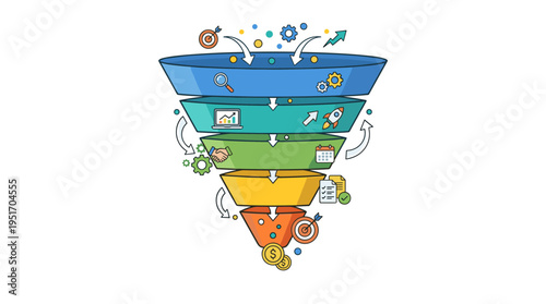 Business sales funnel illustration with icons representing stages