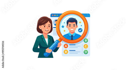 Recruiter magnifying glass over candidate profile with checklist