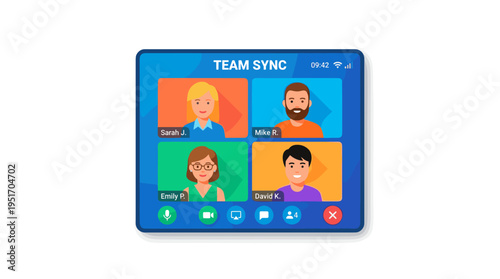 Team sync video conference call screen with four participants