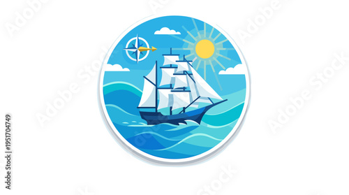 Sailboat on the open sea with sun and compass