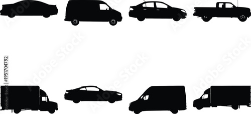 Set of vehicle silhouettes featuring sedans, coupes, vans, and trucks for transportation themes.