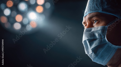 Medical professional gazes intently under bright overhead illumination in a dark environment
