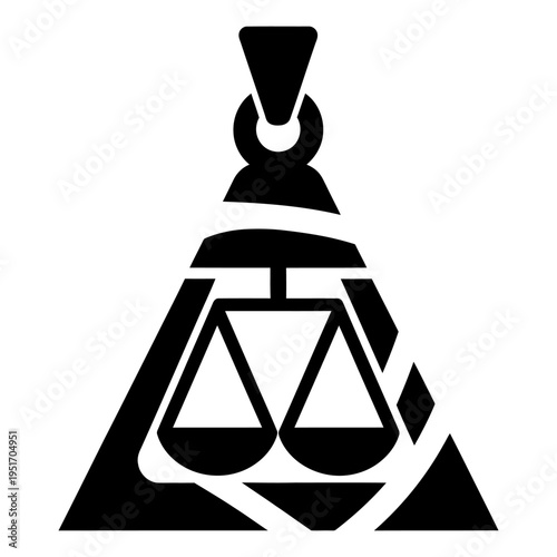 Minimalist legal icon featuring scales of justice and crane hook for construction law and building justice concepts