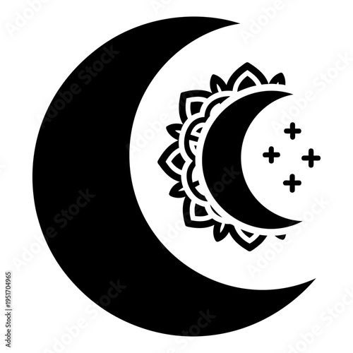 Crescent moon silhouette with decorative mandala and stars for Islamic holiday and spiritual design