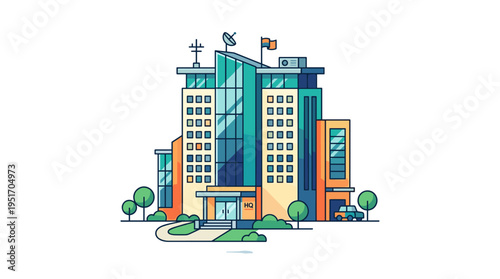 Modern flat design corporate headquarters building illustration