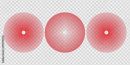 Pain concentration icons. Red and transparent circles showing the epicenter of pain. Pain in muscles, legs, head, body. Vector