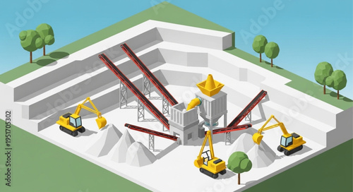 Isometric Quarry Scene with Heavy Machinery and Conveyor Belts.