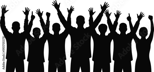 Diverse group of people celebrating with raised hands in unity and excitement