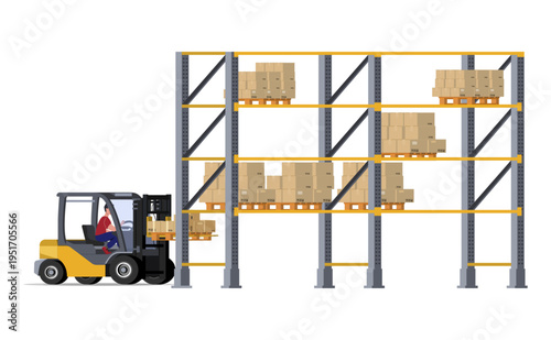 Male Operator Driving Forklift to Organize Palletized Boxes on High Warehouse Racks